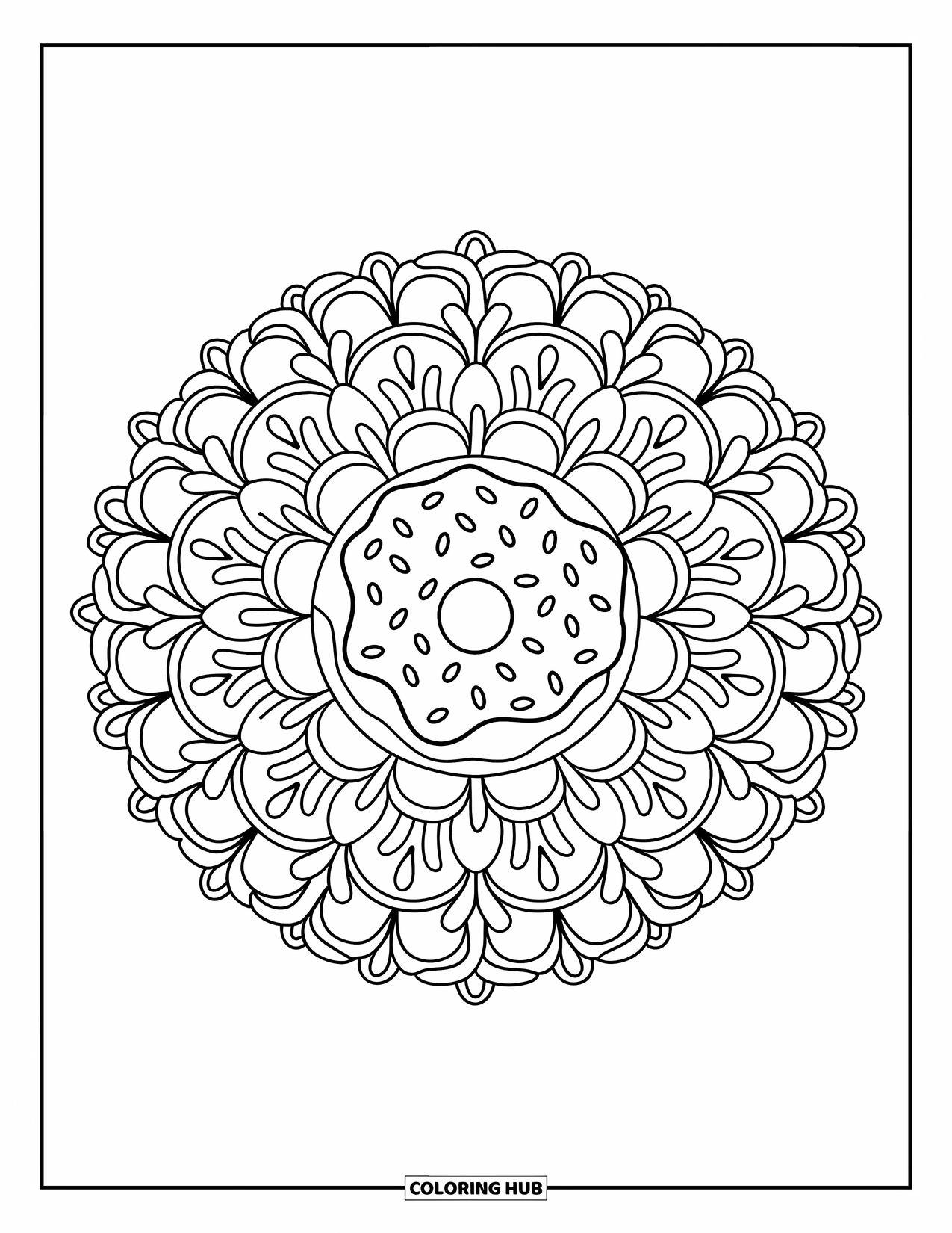 Doughnut Coloring Page for Adults: A frosted strawberry doughnut sits at the heart of a blooming floral mandala