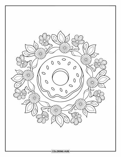 Doughnut Coloring Page for Adults: A glazed strawberry doughnut rests in a full-page mandala of blossoms and leafy swirls