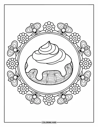 Doughnut Coloring Page for Adults: A honey doughnut topped with cream rests in a circle of buzzing bees and floral swirls