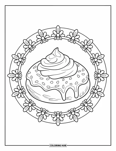 Doughnut Coloring Page for Adults: A honey-glazed doughnut with cream is surrounded by bee and flower mandala details