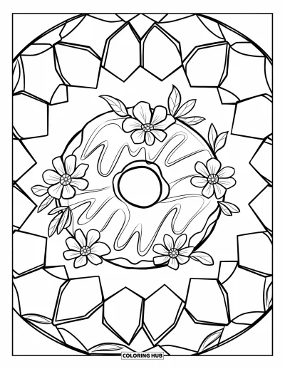 Doughnut Coloring Page for Adults: A lemony doughnut with edible flowers sits among stained-glass petal designs