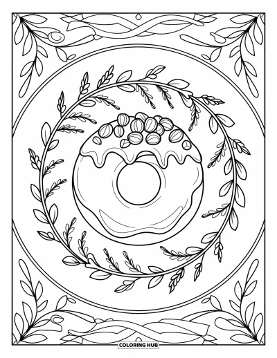 Doughnut Coloring Page for Adults: A nut-topped chocolate doughnut sits in a leafy vine frame with artistic flair