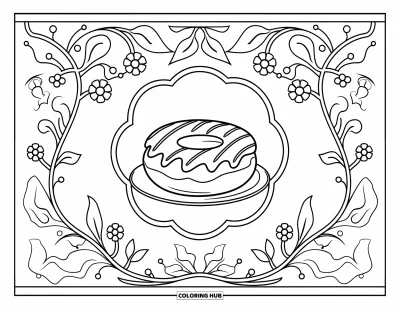 Doughnut Coloring Page for Adults: A raspberry doughnut in a flower frame is surrounded by leafy, swirling Art Nouveau lines