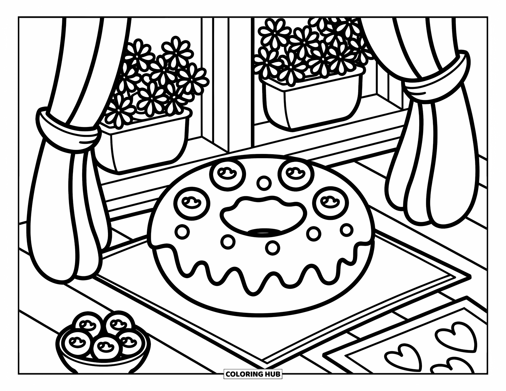 Doughnut Coloring Page for Adults: A swirled blueberry doughnut sits by a window with berries, hearts, and tied-back curtains