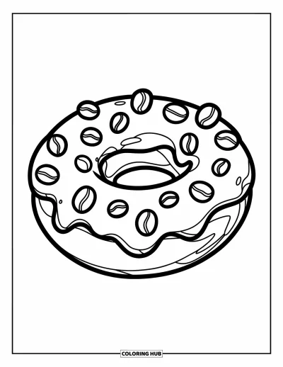 Doughnut Coloring Page for Kids: A coffee swirl doughnut with bold shapes rests on a plain white background
