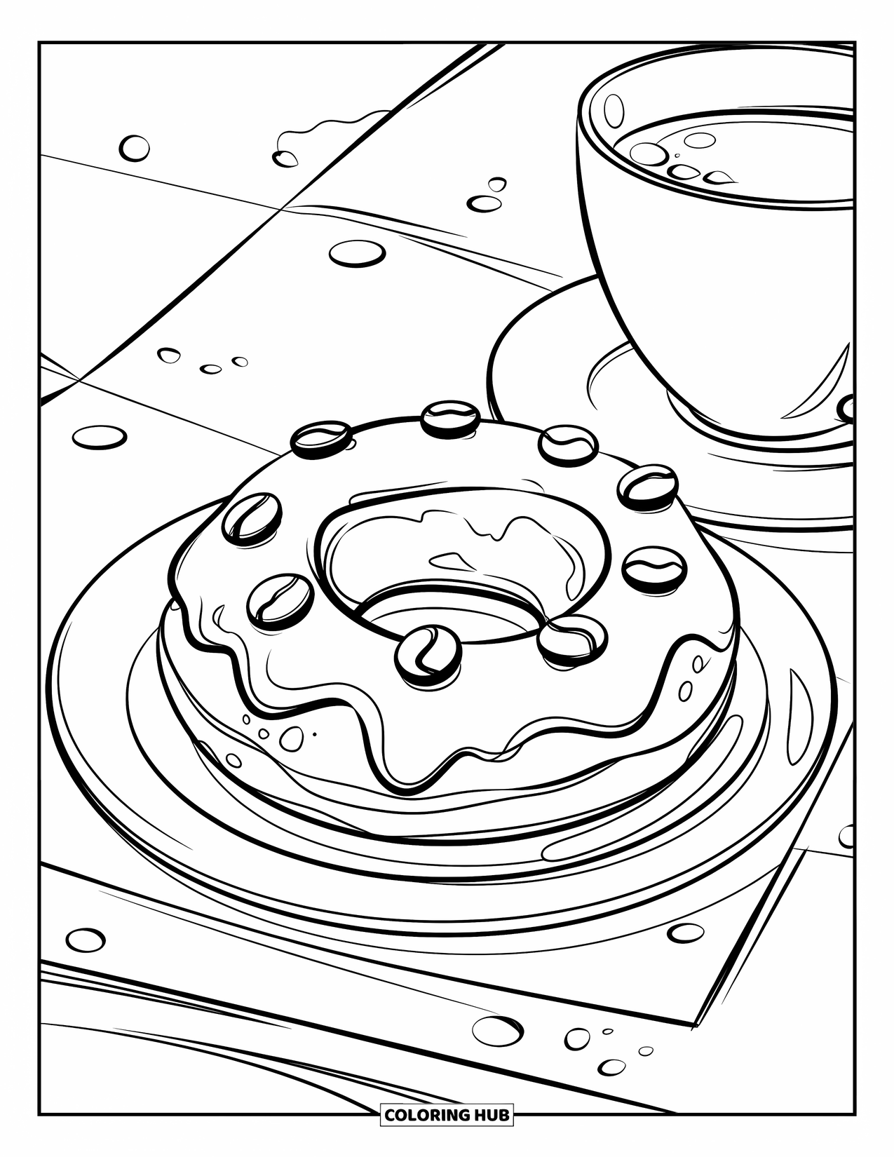 Doughnut Coloring Page for Kids: A coffee-themed doughnut with smooth glaze and a warm drink beside it