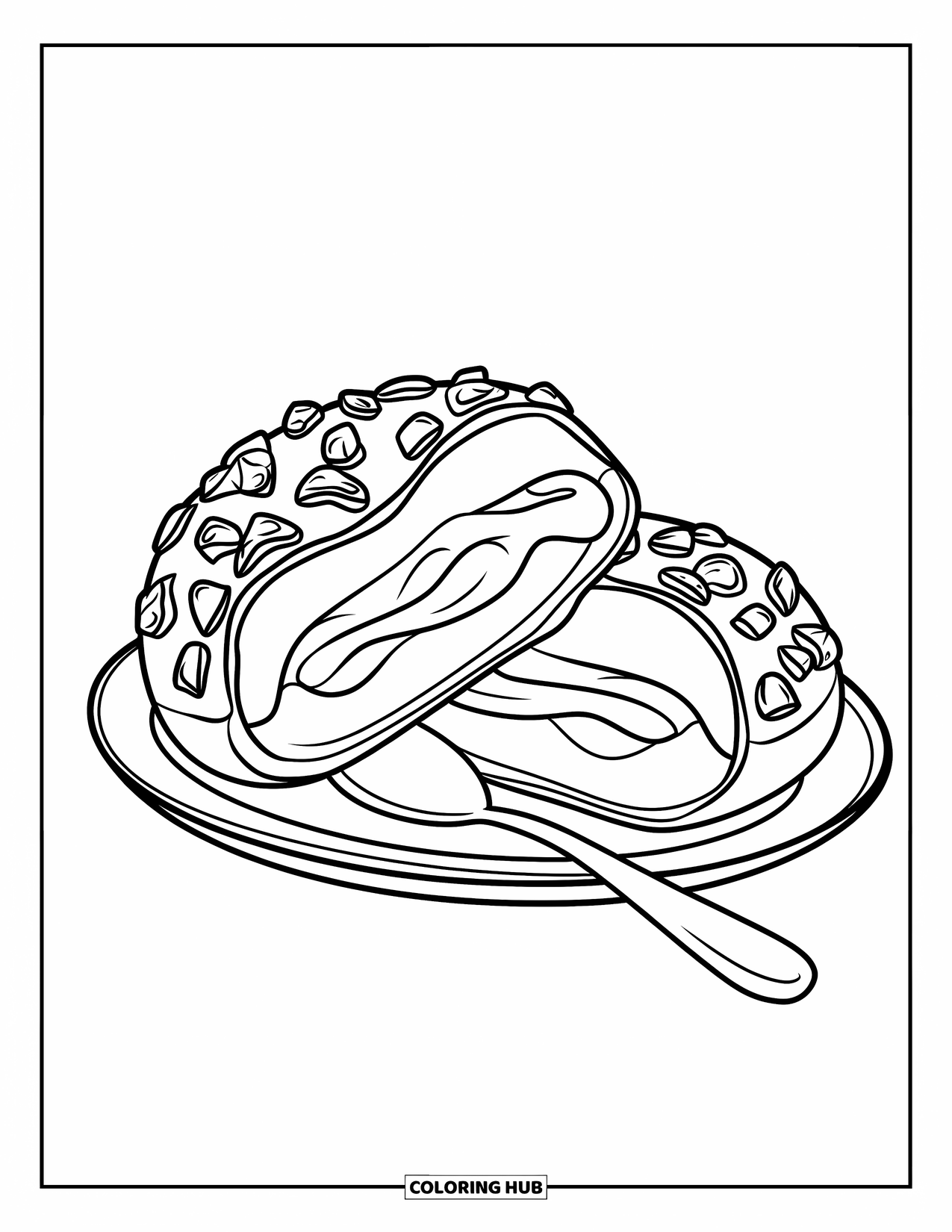 Doughnut Coloring Page for Kids: A creamy doughnut half with cookie crumbles sits beside a spoon