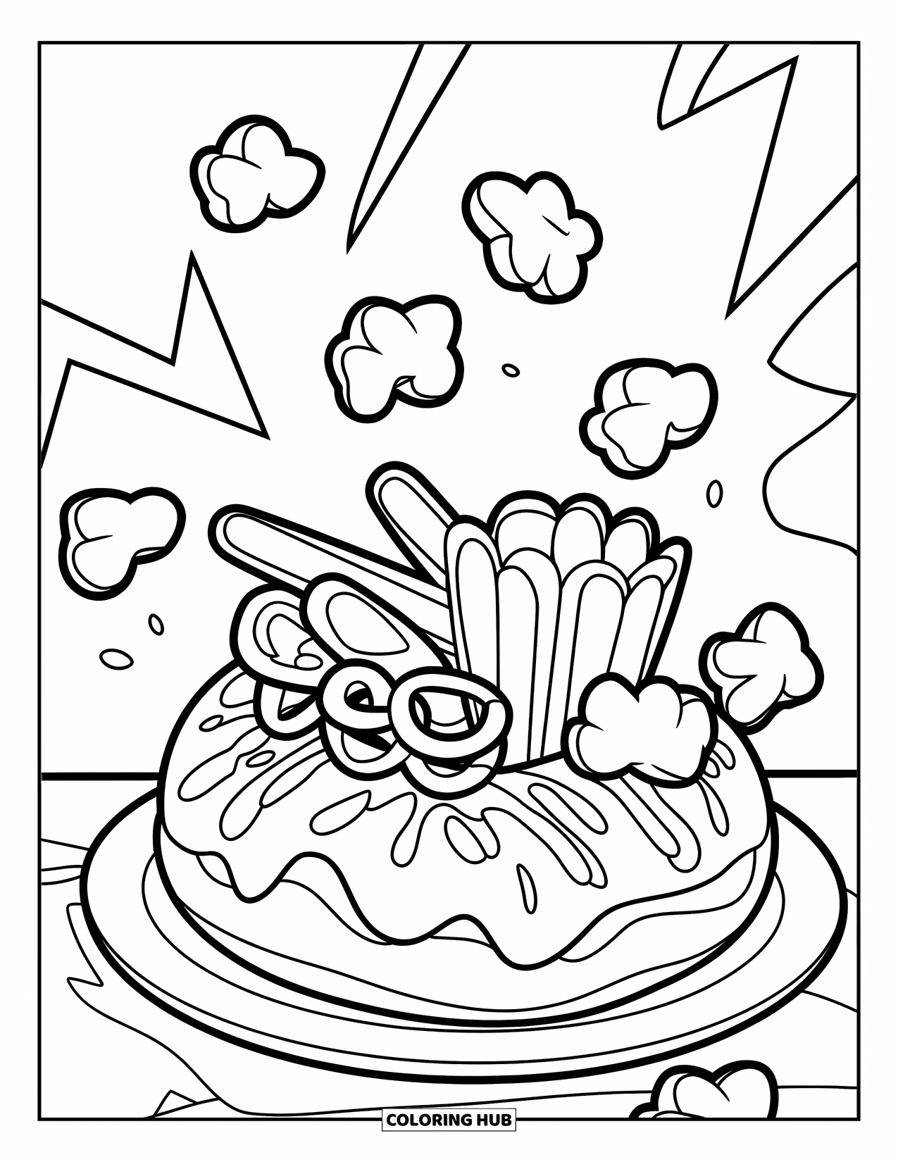 Doughnut Coloring Page for Kids: A decorative doughnut with popcorn, pretzels, and drizzles sits brightly on a plate