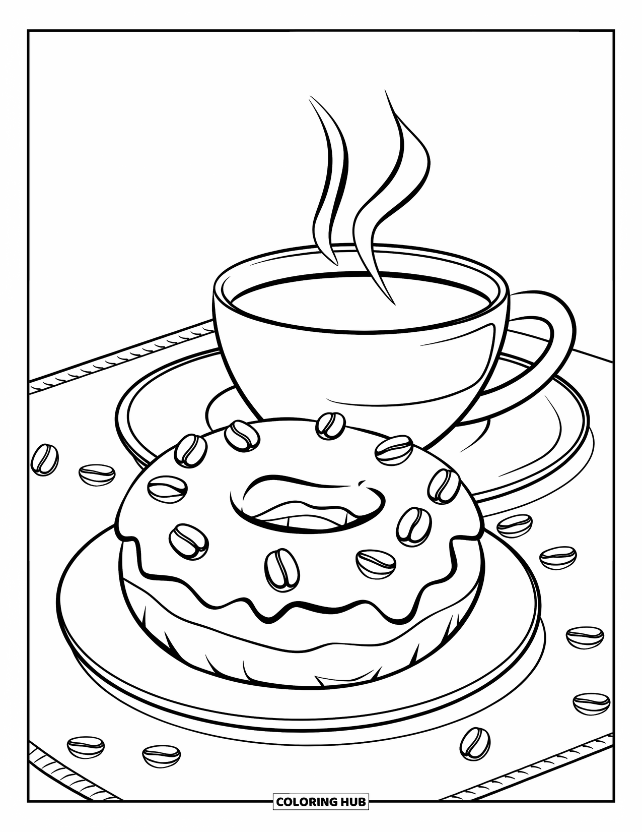 Doughnut Coloring Page for Kids: A doughnut with coffee flavors, foam swirls, and beans sits beside a steaming cup