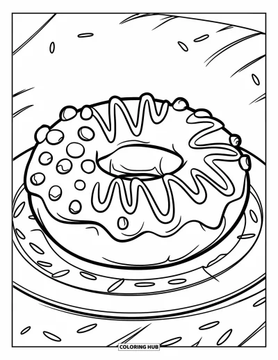Doughnut Coloring Page for Kids: A doughnut with zigzag icing and chunky dots rests with sprinkles on the plate
