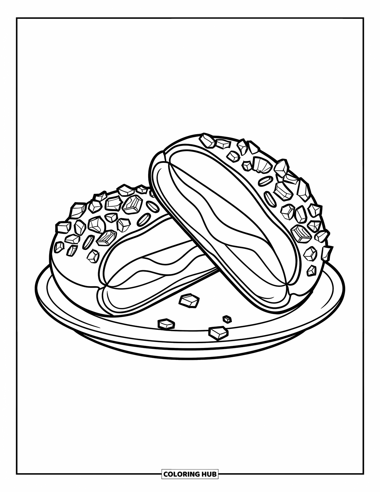 Doughnut Coloring Page for Kids: A filled doughnut sliced in half shows creamy insides and cookie crumbs on top
