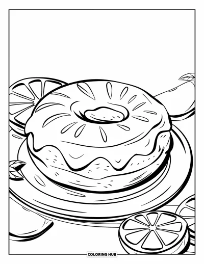 Doughnut Coloring Page for Kids: A lemon-glazed doughnut with a swirl sits beside citrus slices on a plate