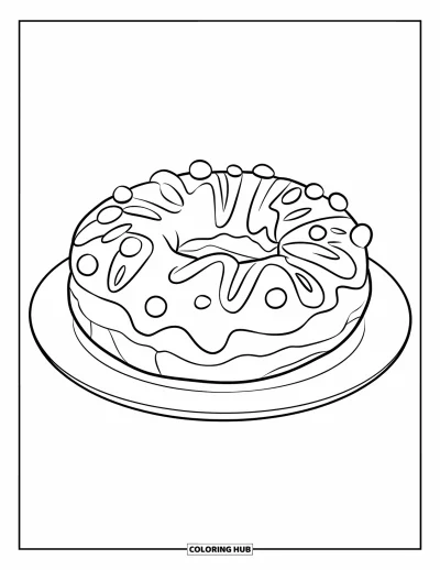 Doughnut Coloring Page for Kids: A round doughnut with zigzag frosting and dots sits on a clean white plate