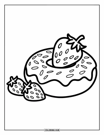 Doughnut Coloring Page for Kids: A strawberry doughnut with a big berry on top and slices nearby