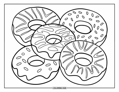 Doughnut Coloring Page for Kids: Five decorated doughnuts with bold icing swirls arranged in a half-circle