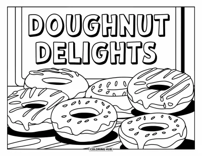 Doughnut Coloring Page for Kids: Five doughnuts with fillings and icing sit under a cute "Doughnut Delights" sign