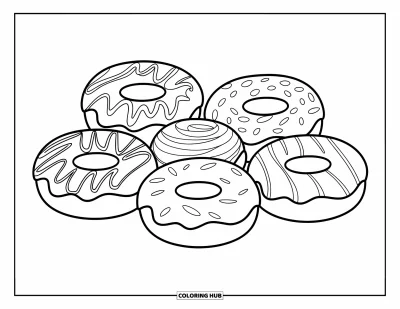 Doughnut Coloring Page for Kids: Five doughnuts with frosting styles like zigzags and dots sit neatly for some fun