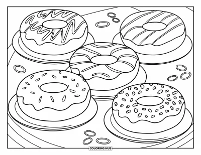 Doughnut Coloring Page for Kids: Five doughnuts with icing styles like swirls and stripes sit side-by-side on a plate