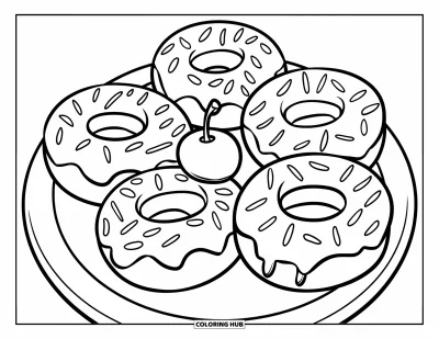 Doughnut Coloring Page for Kids: Five tiny doughnuts with chunky sprinkles are arranged in a circle with a cherry on top