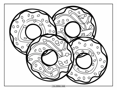 Doughnut Coloring Page for Kids: Frosted doughnuts with twirled icing and fun sprinkles arranged with clean, bold lines