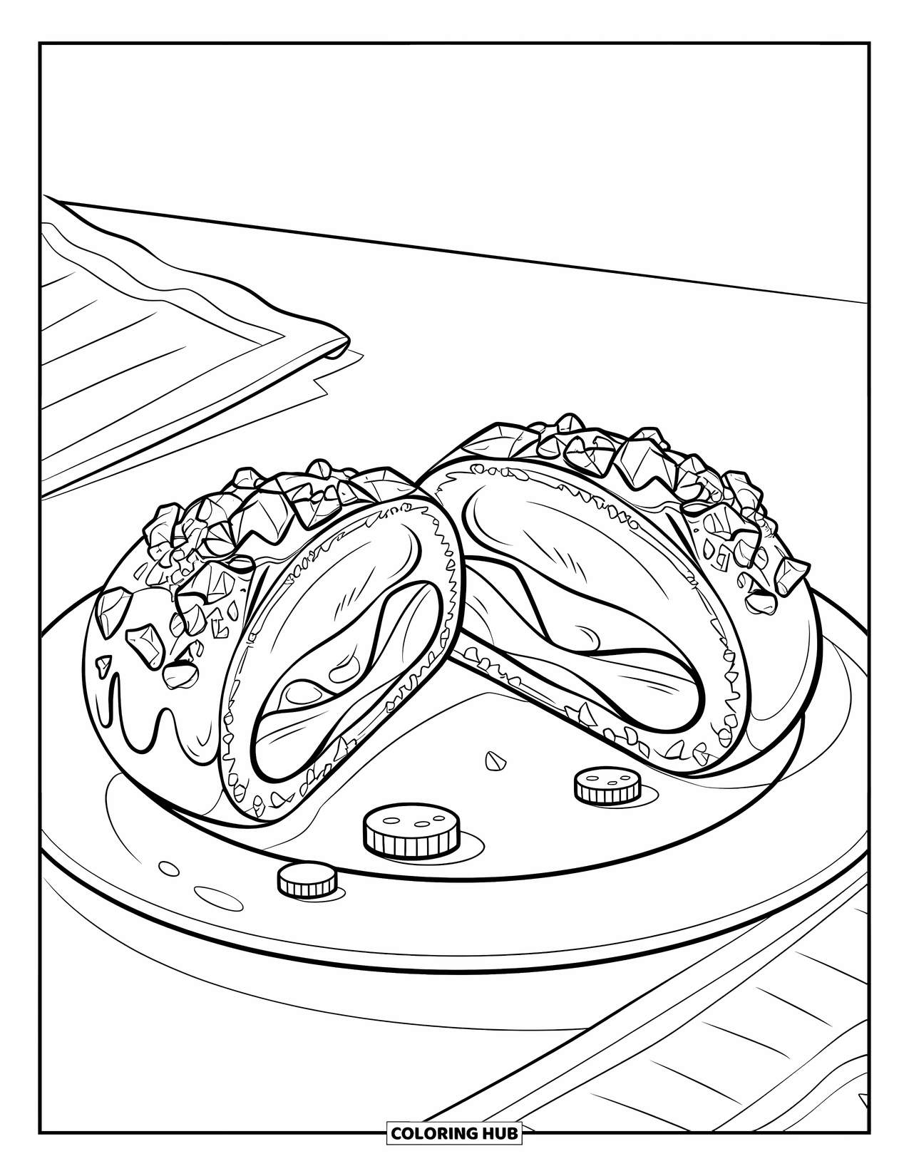 Doughnut Coloring Page for Kids: Half a filled doughnut with cream and cookie bits rests beside chocolate chips