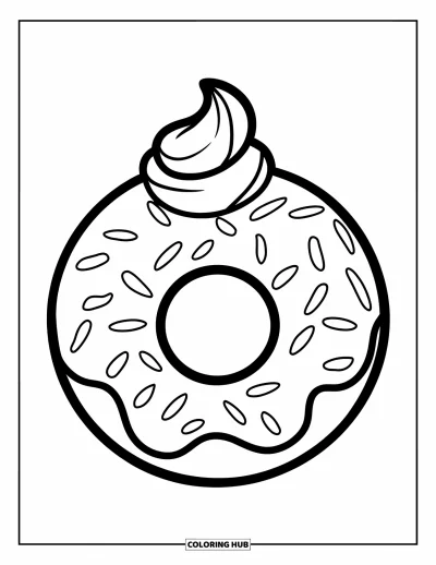 Doughnut Coloring Page for Kids: One big doughnut with swirled icing and bold sprinkles on a blank background