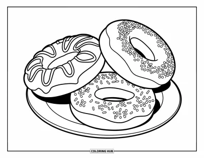 Doughnut Coloring Page for Kids: Three doughnuts overlap with playful frosting patterns and sprinkle clusters on a plate