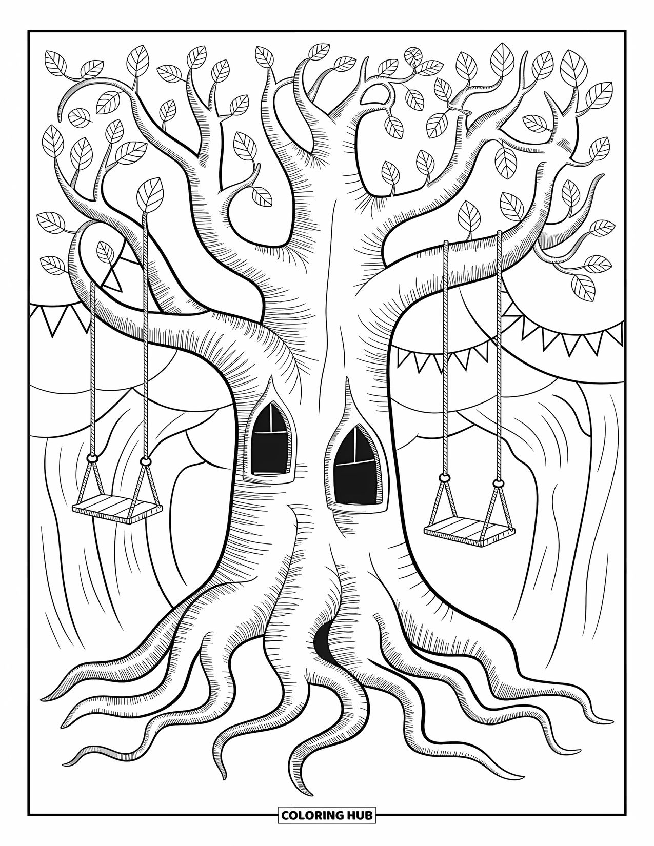 Enchanted Forest Coloring Page for Adults: Ancient tree with bridges, lanterns, and leafy flags swaying gently