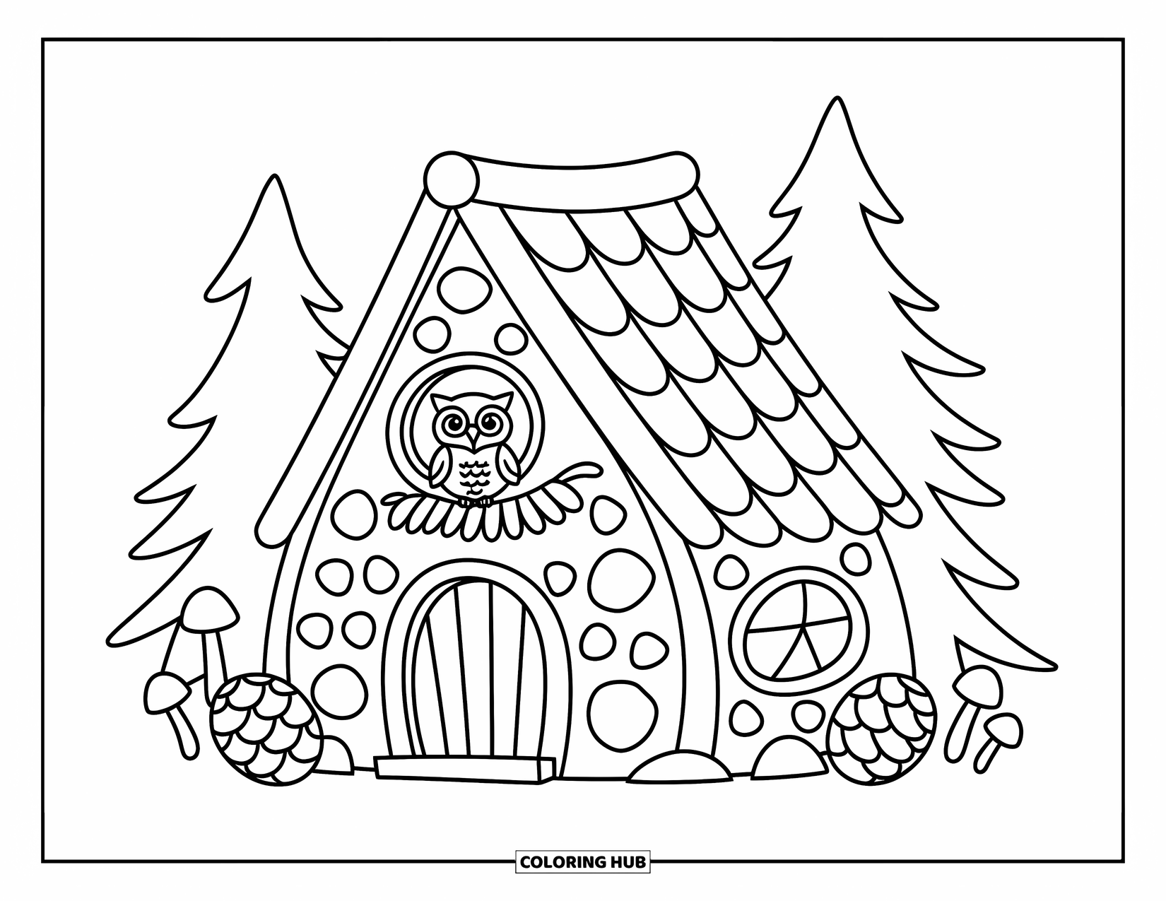 Enchanted Forest Coloring Page for Adults: Bark-and-stone forest cottage with an owl perched under a leafy awning