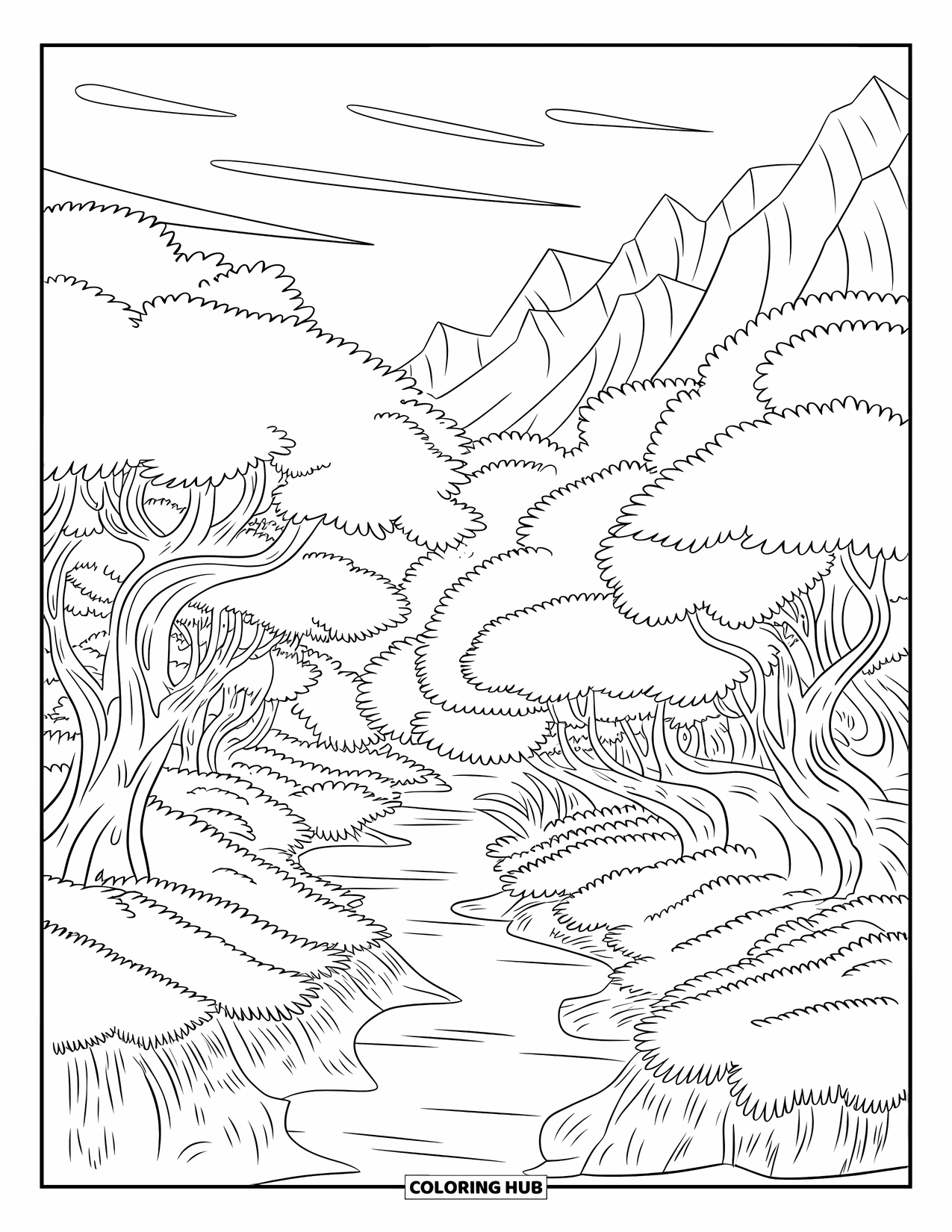 Enchanted Forest Coloring Page for Adults: Creek in enchanted forest with mossy floor, jagged peaks, and wispy clouds