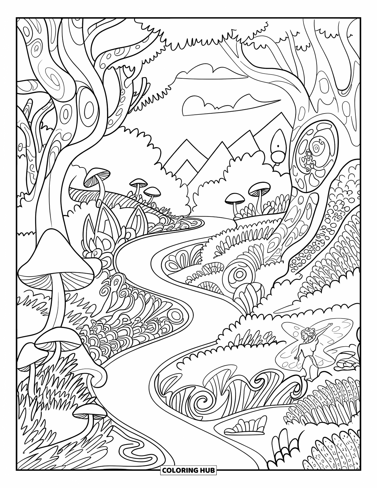 Enchanted Forest Coloring Page for Adults: Curled forest roots and mushrooms frame a trail with magical orbs and fairy lights