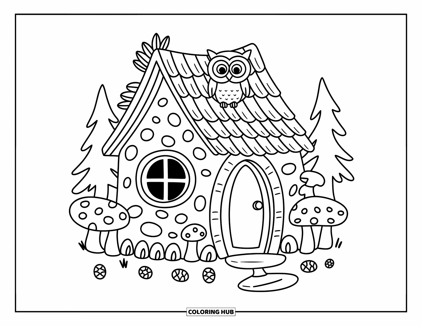 Enchanted Forest Coloring Page for Adults: Cute forest home with soft mushrooms, pinecones, and a tiny owl peeking above