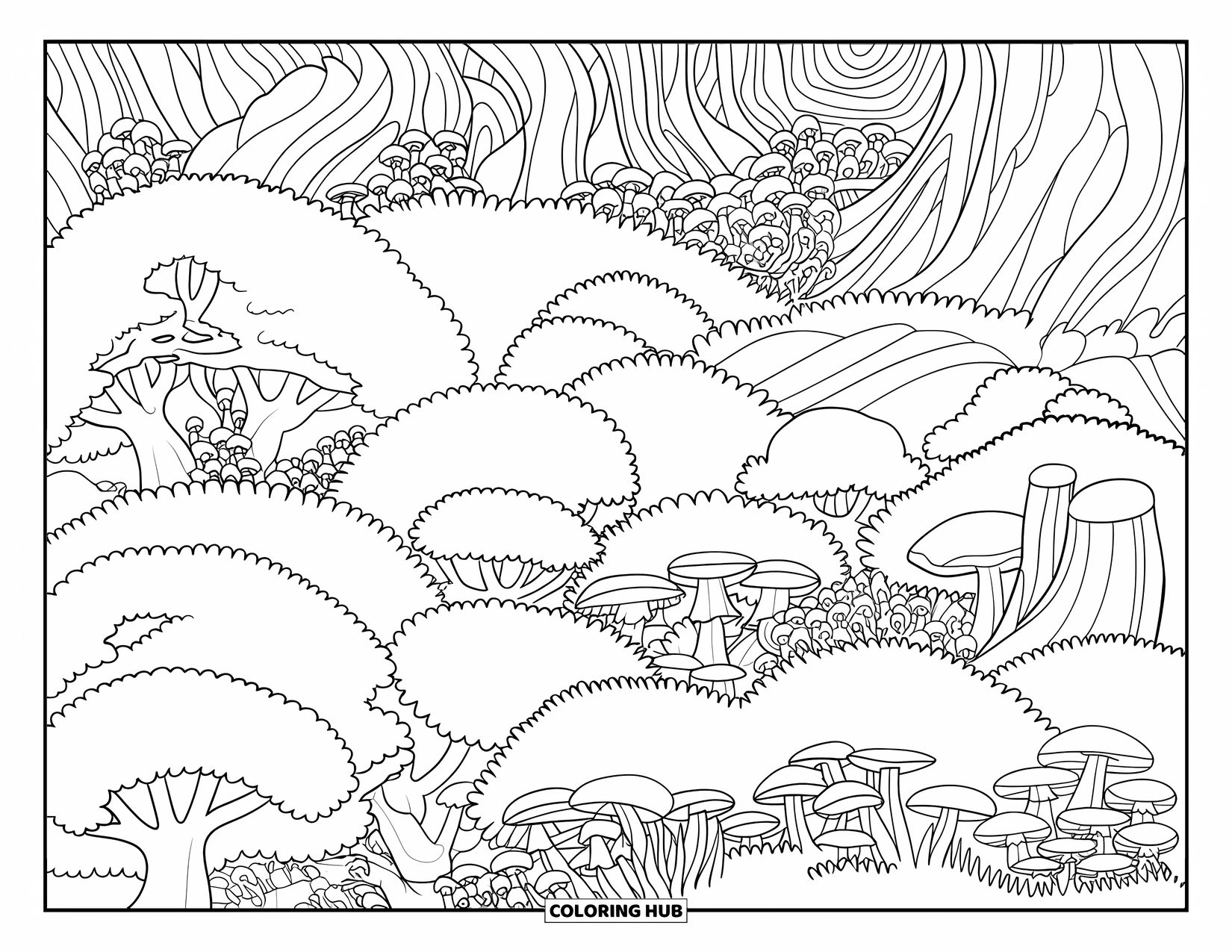 Enchanted Forest Coloring Page for Adults: Enchanted forest area with layered bark, overlapping foliage, and detailed mushroom clusters