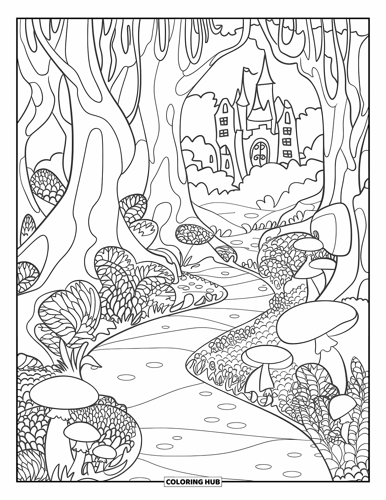 Enchanted Forest Coloring Page for Adults: Forest trail covered with roots, mushrooms, and a mystical castle in the distance