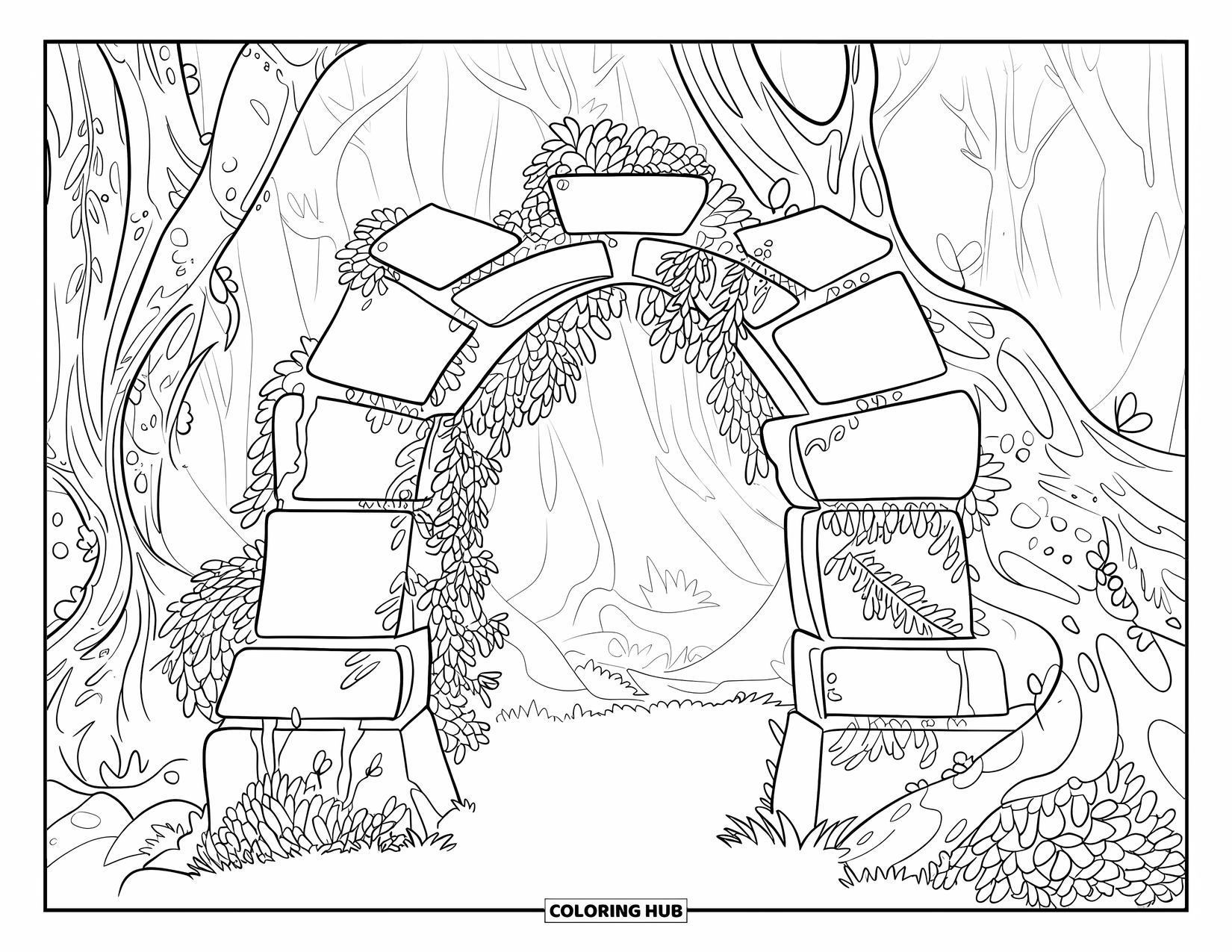 Enchanted Forest Coloring Page for Adults: Mossy stone arch wrapped in ivy among ancient trees with patterned bark