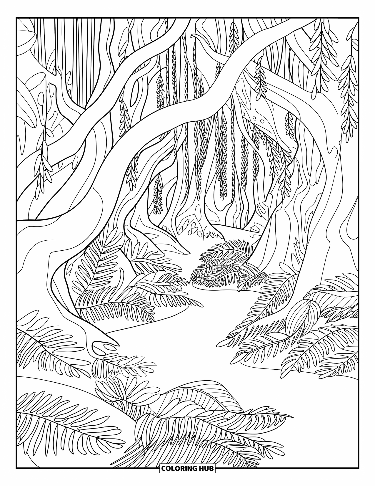 Enchanted Forest Coloring Page for Adults: Quiet glade filled with twisted trees, ferns, and hanging moss layers