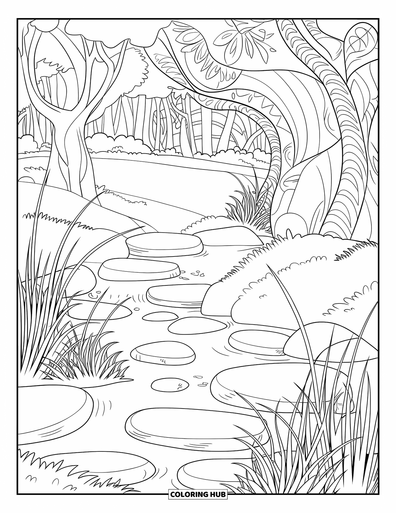 Enchanted Forest Coloring Page for Adults: Serene spring framed by trees and tall grasses, with a background forest path
