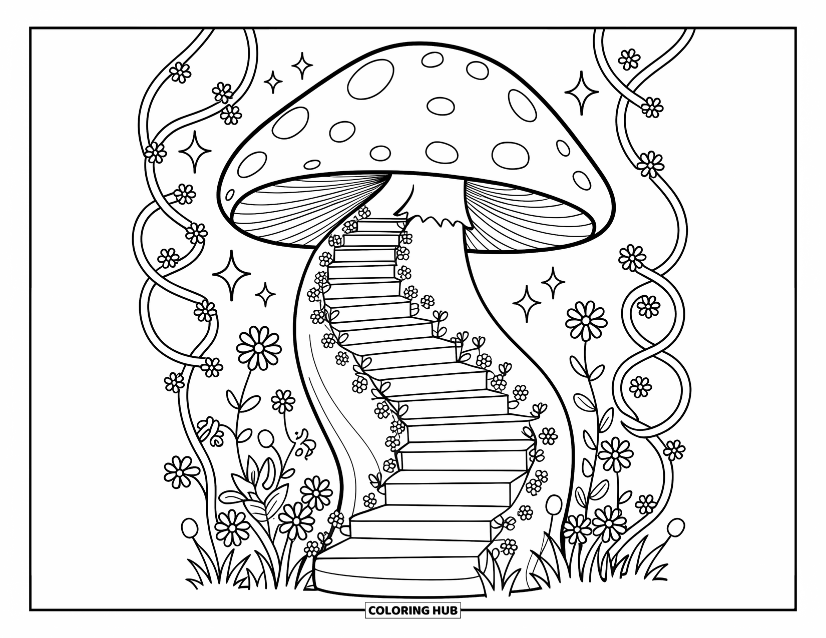 Enchanted Forest Coloring Page for Adults: Spiral stairs on a mushroom lead to a magical forest nook