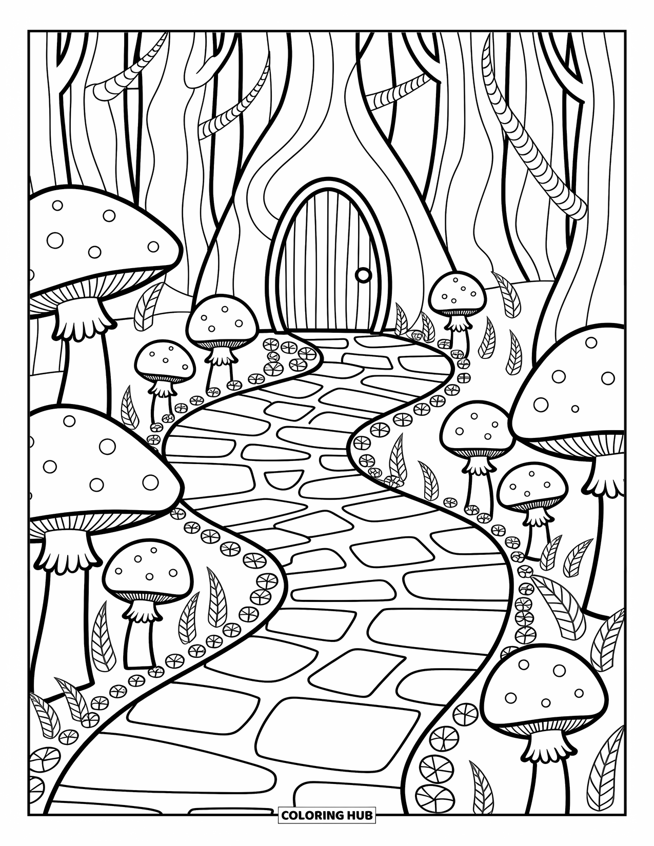 Enchanted Forest Coloring Page for Adults: Spiral-trunk trees and mushrooms line a path to a hidden tree door