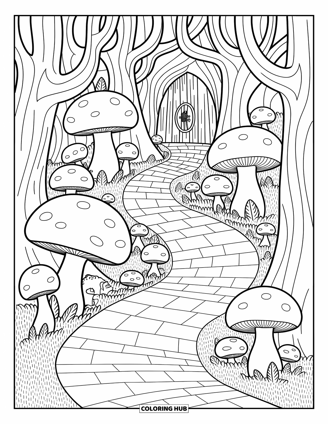 Enchanted Forest Coloring Page for Adults: Stone path winds through mushrooms and trees with spiral trunks toward a tiny door
