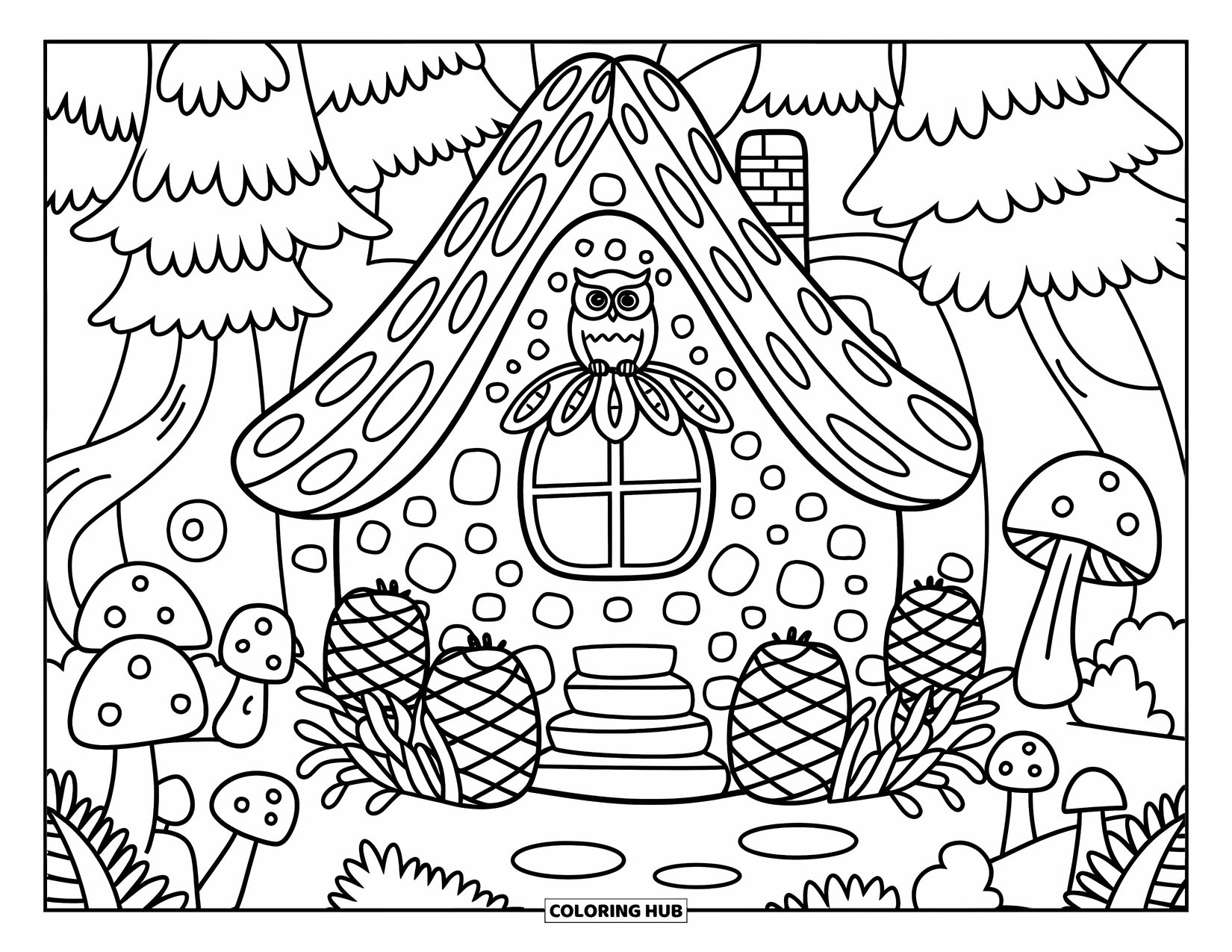 Enchanted Forest Coloring Page for Adults: Whimsical forest cottage with mushrooms, pinecones, and an owl above a round window