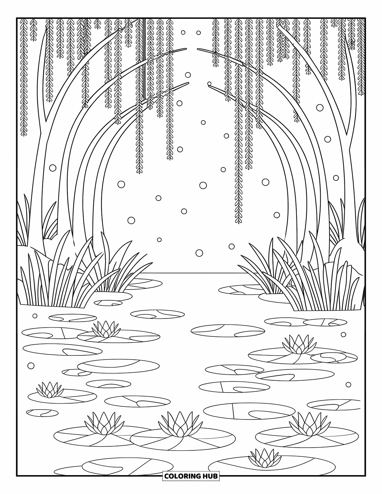 Enchanted Forest Coloring Page for Adults: Willow trees arch over a pond with floating lily pads and glowing orbs