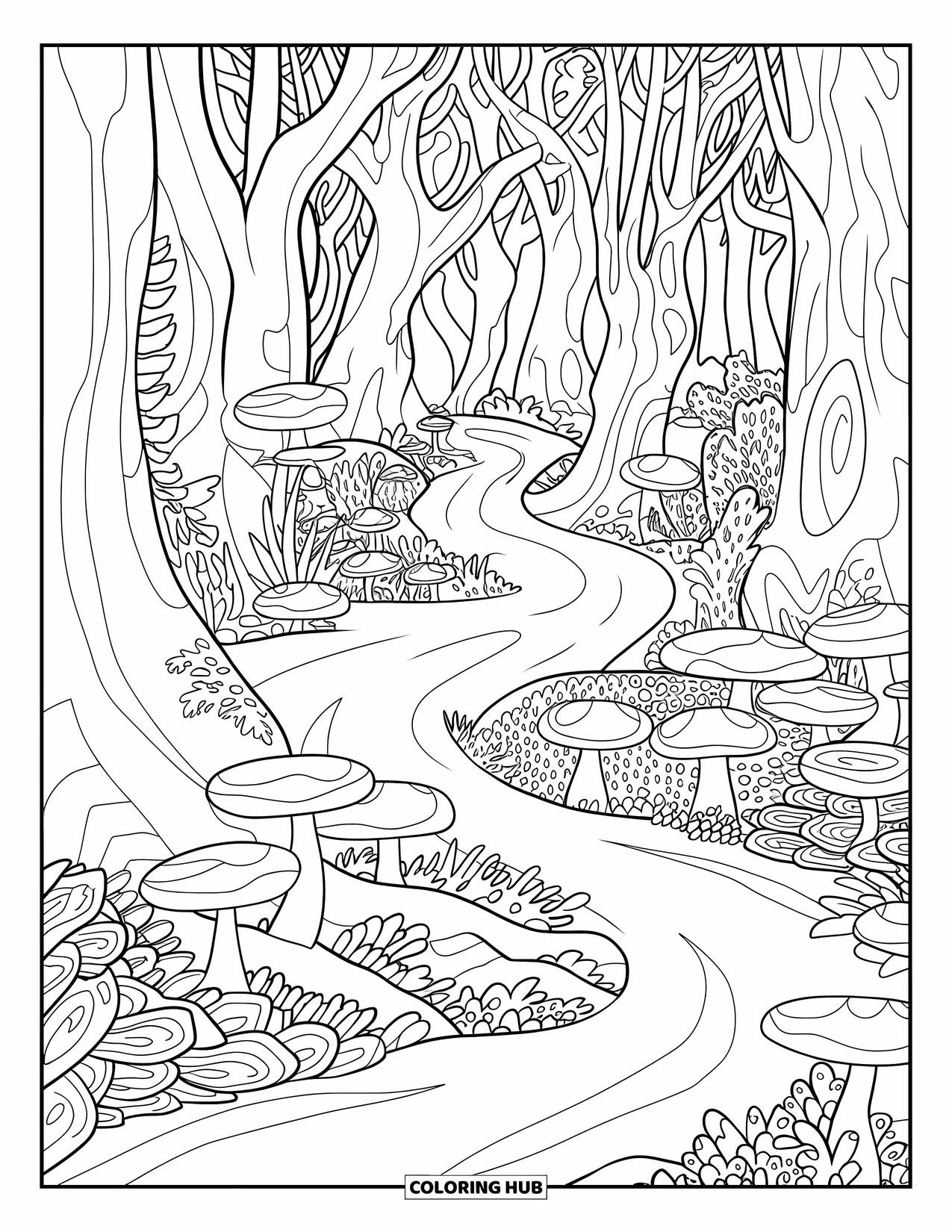 Enchanted Forest Coloring Page for Adults: Winding path through woods with curled roots and intricately patterned trees