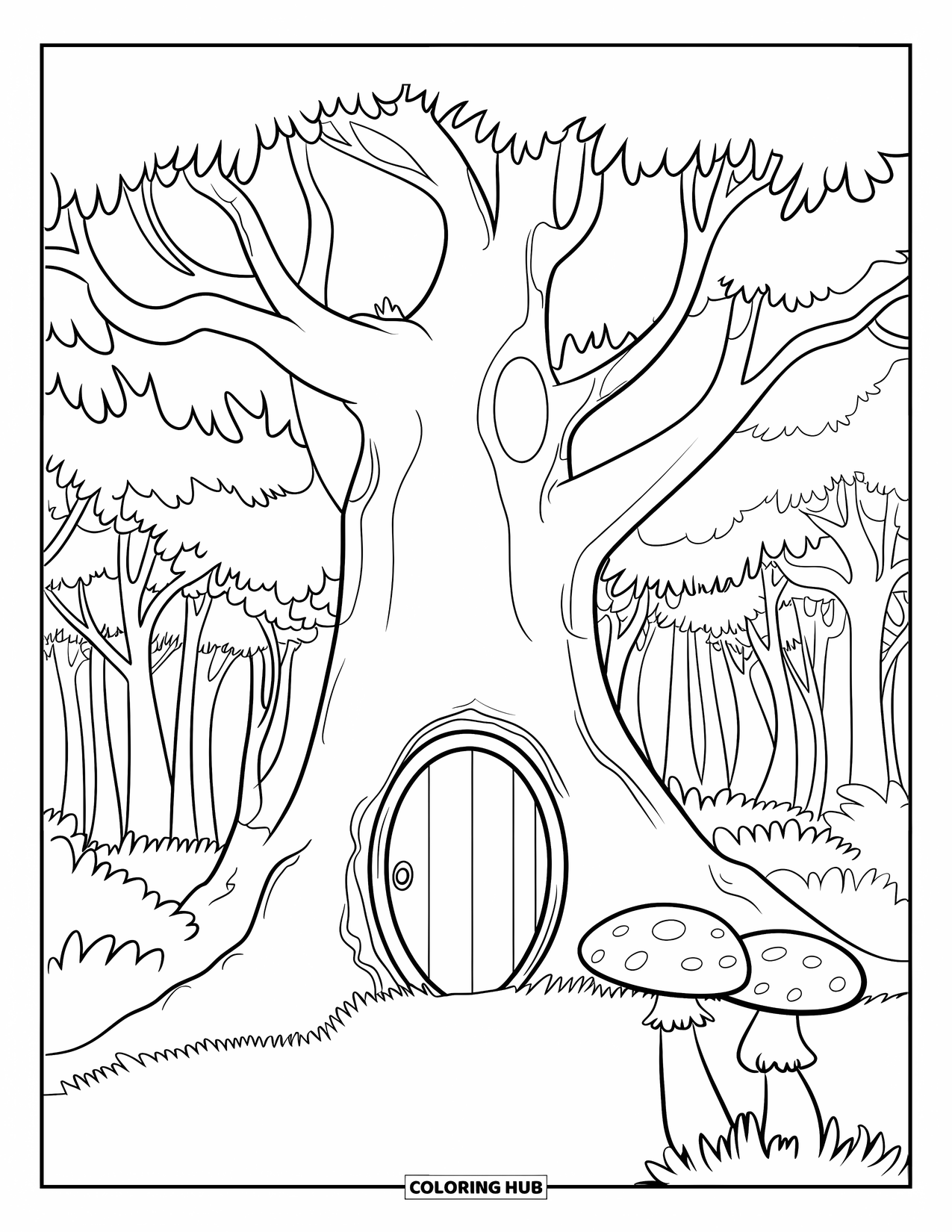Enchanted Forest Coloring Page for Kids: Big tree with a round door and two oversized mushrooms