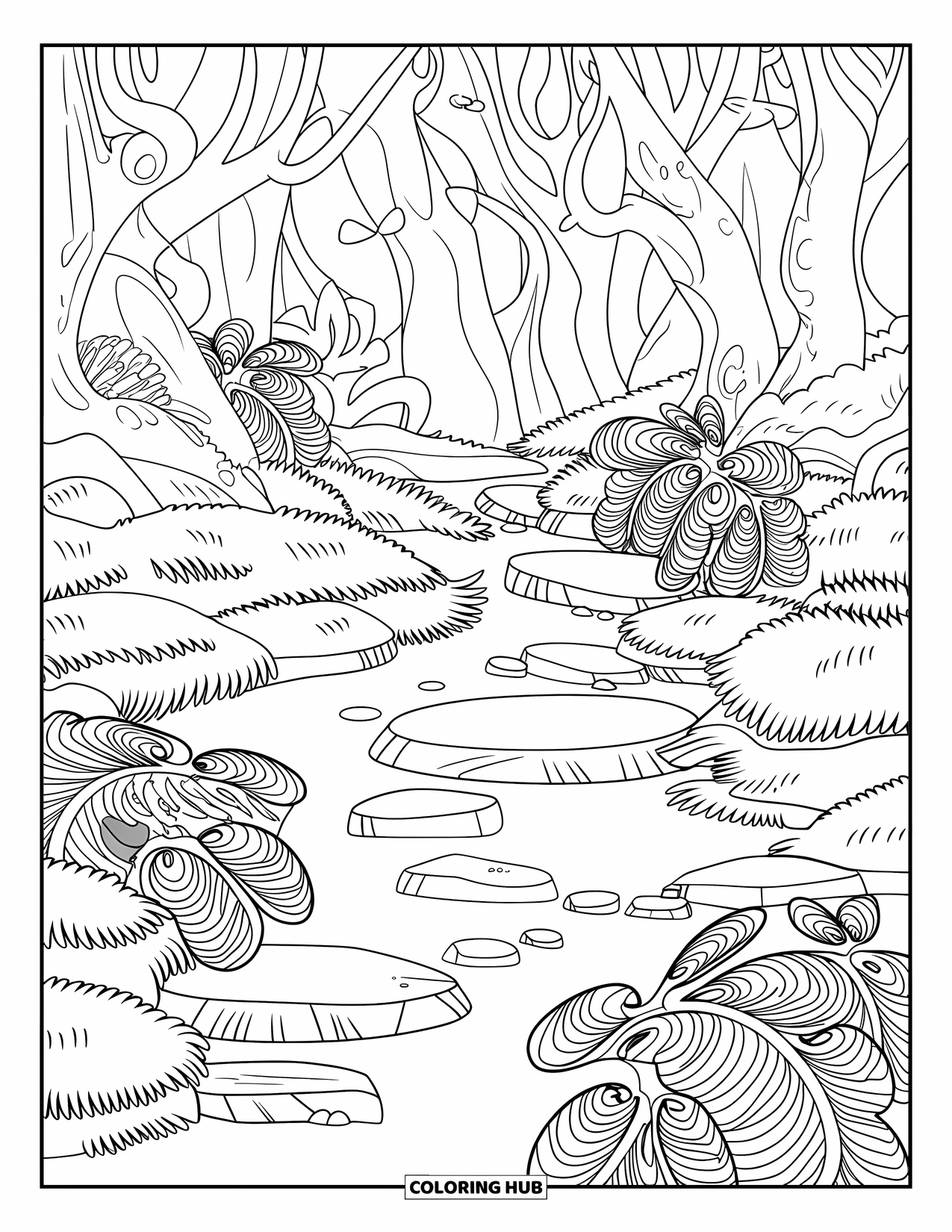 Enchanted Forest Coloring Page for Kids: Clear spring with spiral leaves and moss in a peaceful forest