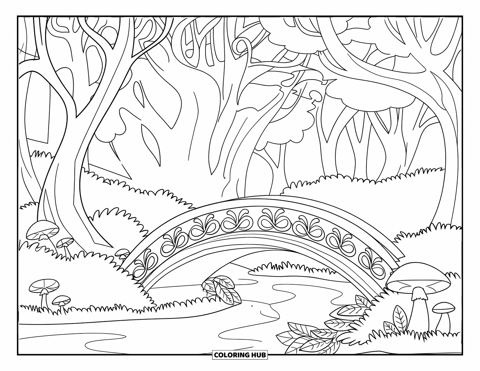 Enchanted Forest Coloring Page for Kids: Decorative wooden bridge over a creek with mushrooms and tall trees