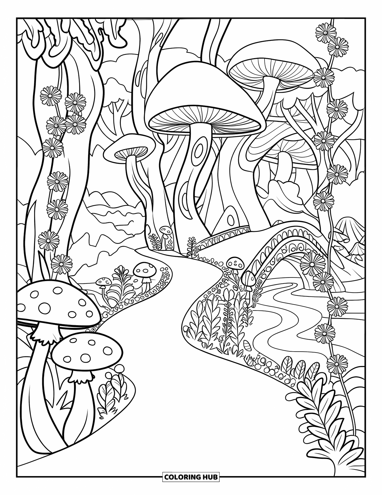 Enchanted Forest Coloring Page for Kids: Forest path framed by mushrooms, vines, and a small wooden bridge