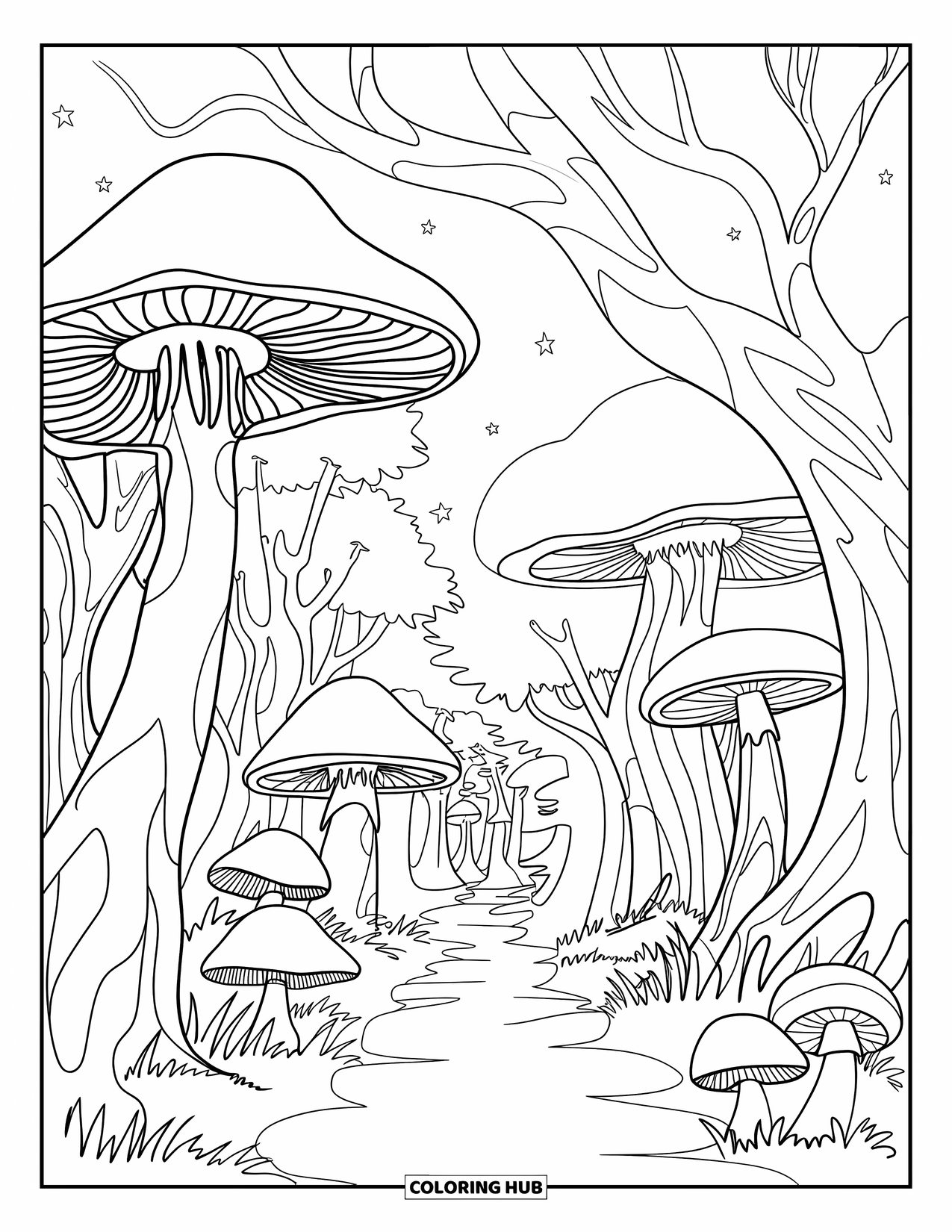 Enchanted Forest Coloring Page for Kids: Forest path with twisted trees, mushrooms, and a starry sky