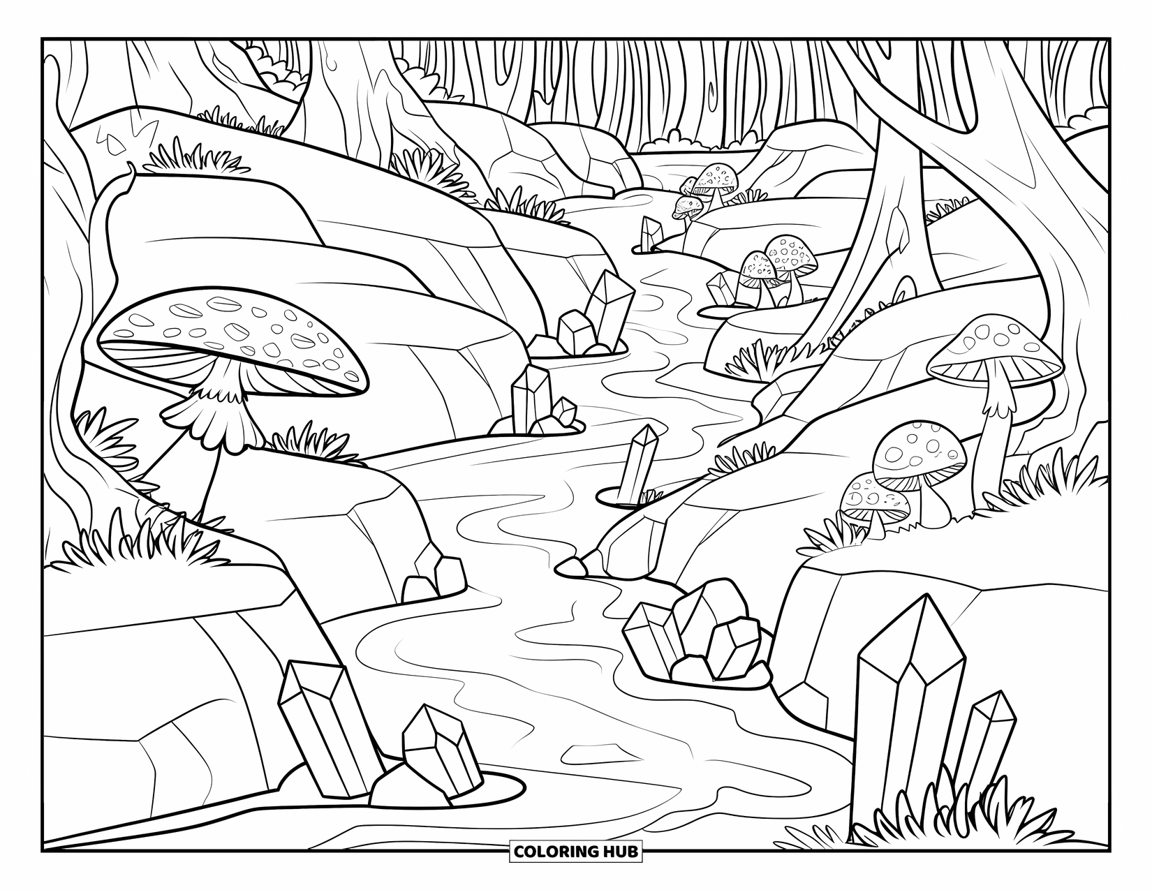 Enchanted Forest Coloring Page for Kids: Forest stream lined with crystals, mushrooms, and twisted trees