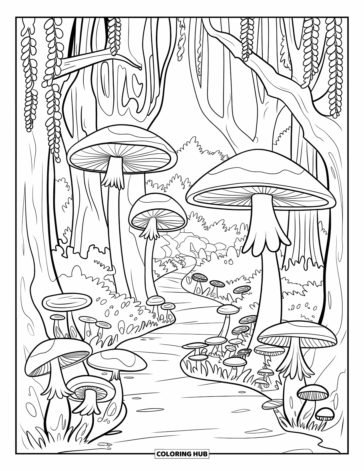 Enchanted Forest Coloring Page for Kids: Forest trail with unique trees, mushrooms, and distant forest views